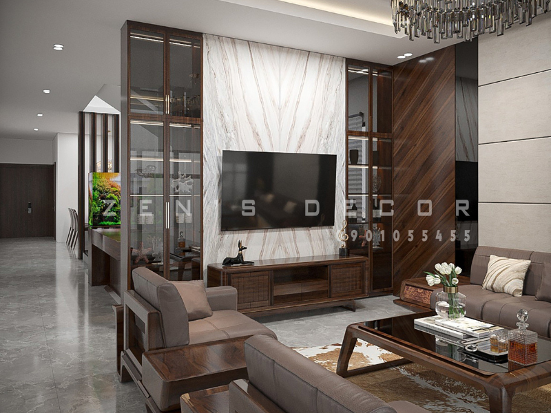 MẪU NỘI THẤT PHÒNG KHÁCH GỖ ÓC CHÓ KẾT HỢP GỖ CÔNG NGHIỆP PHONG CÁCH HIỆN ĐẠI – PK011